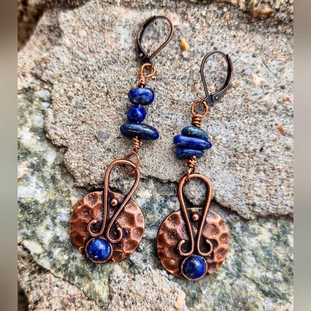 Lapis Lazuli In Handwired Antique Copper Earrings For The Modern Primitive Soul